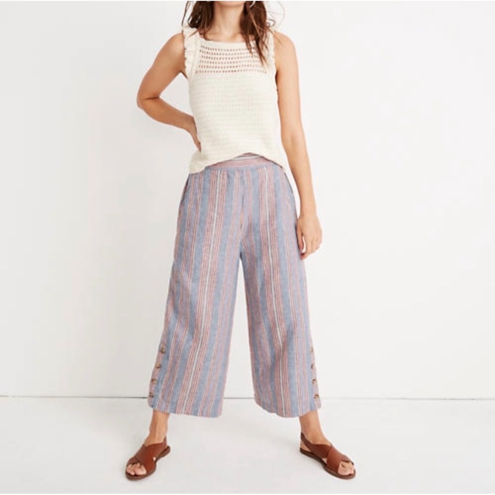 LINEN WIDE LEG PANT Cropped Culottes Striped Ankle Blue High Rise Trouser Medium